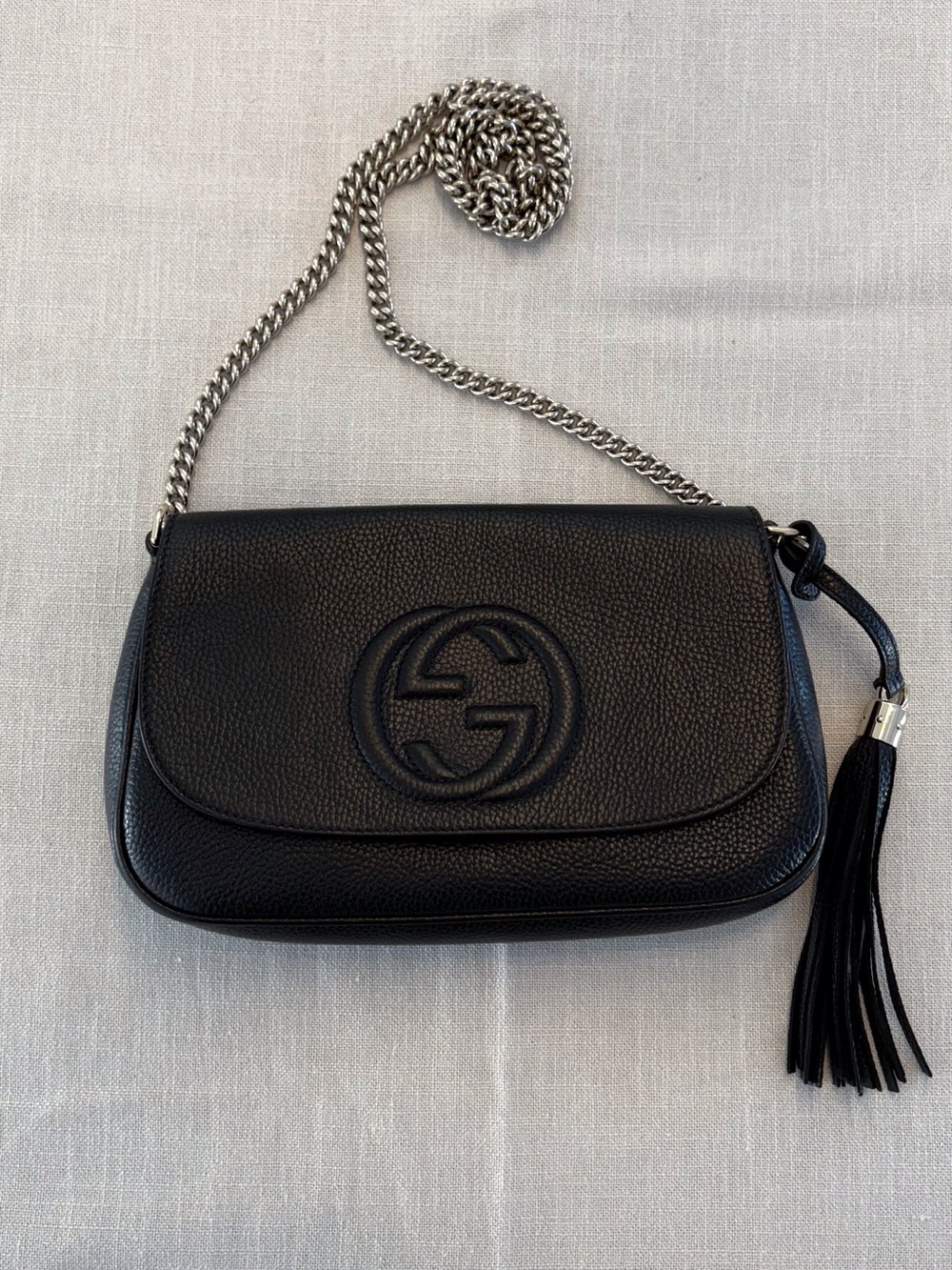 Gucci Soho Flap Black Pebbled Calfskin Leather Crossbody Bag Medium